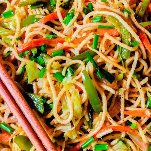 Veg Hakka Noodles served hot in white dish with two brown chopsticks, by homemakerjob.com