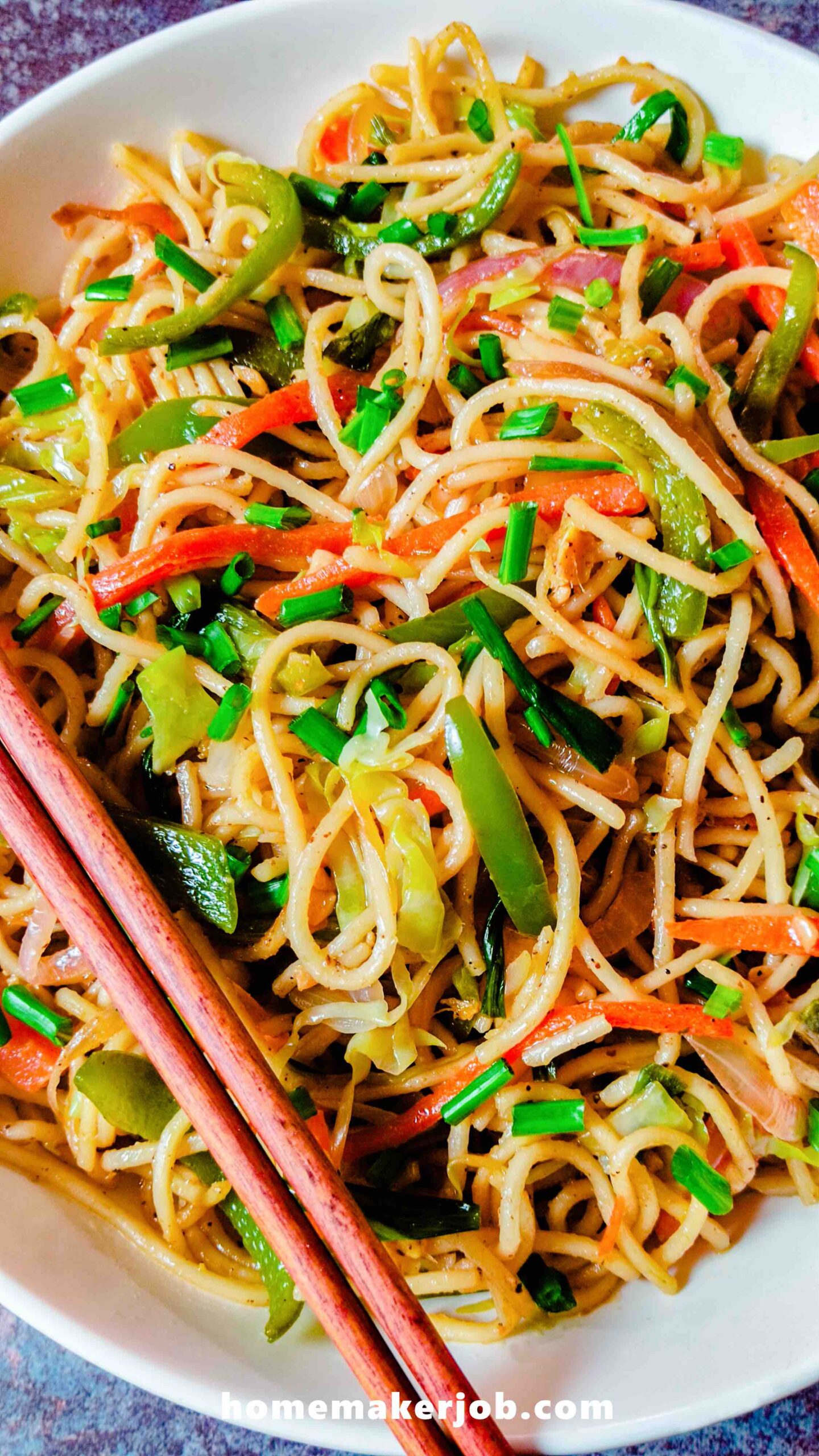 Veg Hakka Noodles served hot in white dish with two brown chopsticks, by homemakerjob.com