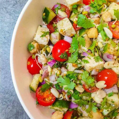 Protein salad served ready in a white dish, by homemakerjob.com