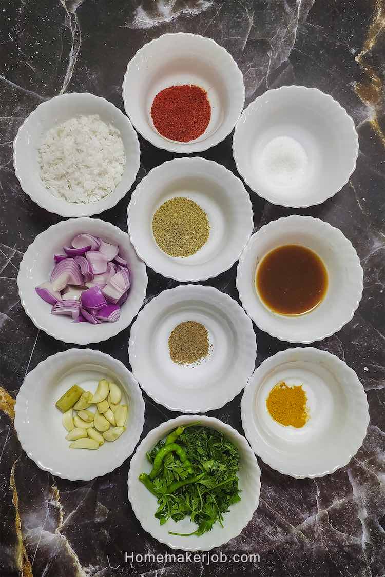 Top view photo of all ingredients required to make Indian mackerel (a.k.a. bangada or ayala) fish curry recipe, by homemakerjob.com