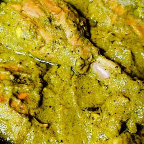 Close up photo image of ready hot Indian green (hariyali) chicken served in a white dish
