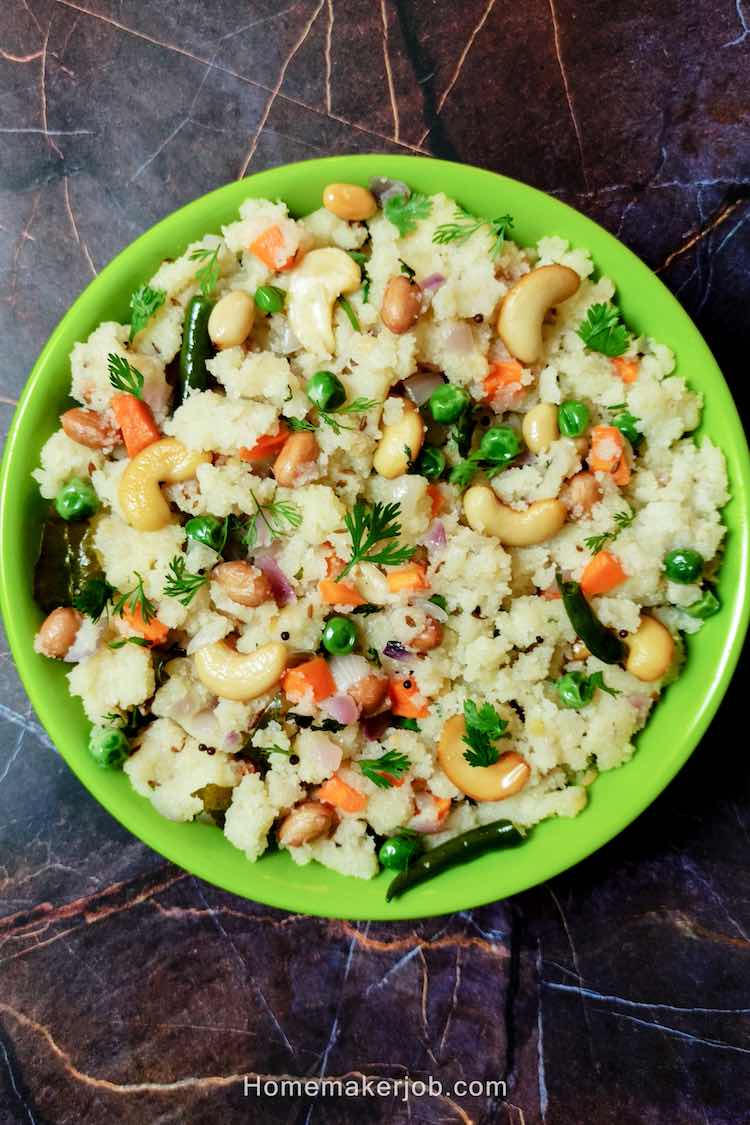 Ready hot rava upma served in a green plate on a table by homemakerjob Rava Upma