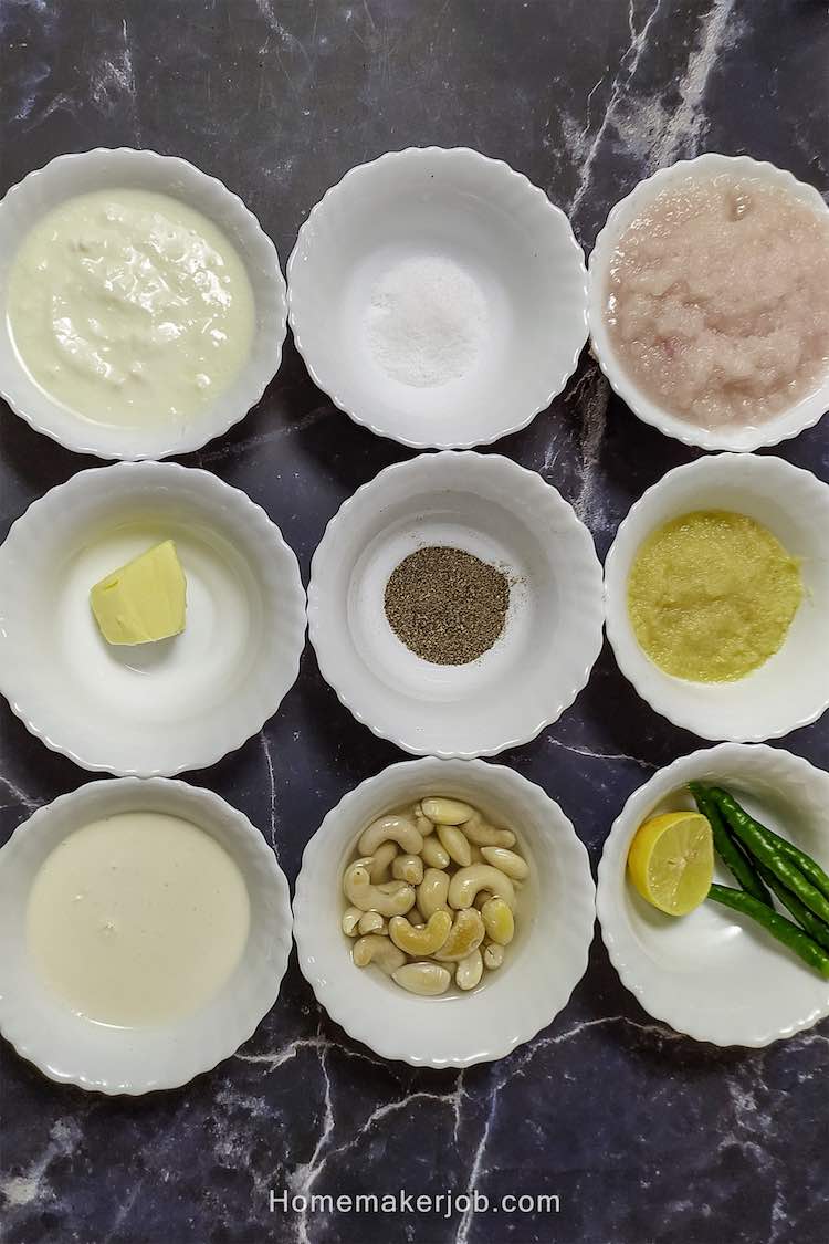 White chicken gravy ingredients arranged in white bowls in matrix arrangement by homemakerjob.com