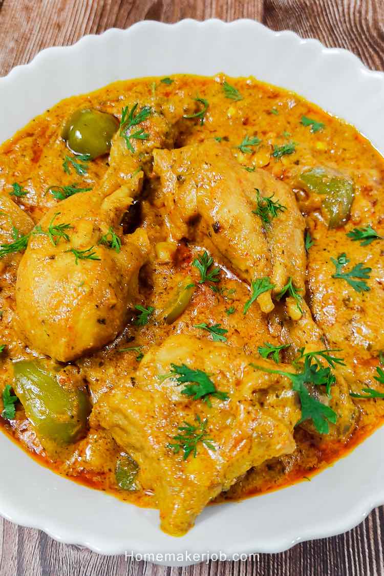 Top view, close-up photo of chicken Patiala served hot in a white dish by homemakerjob