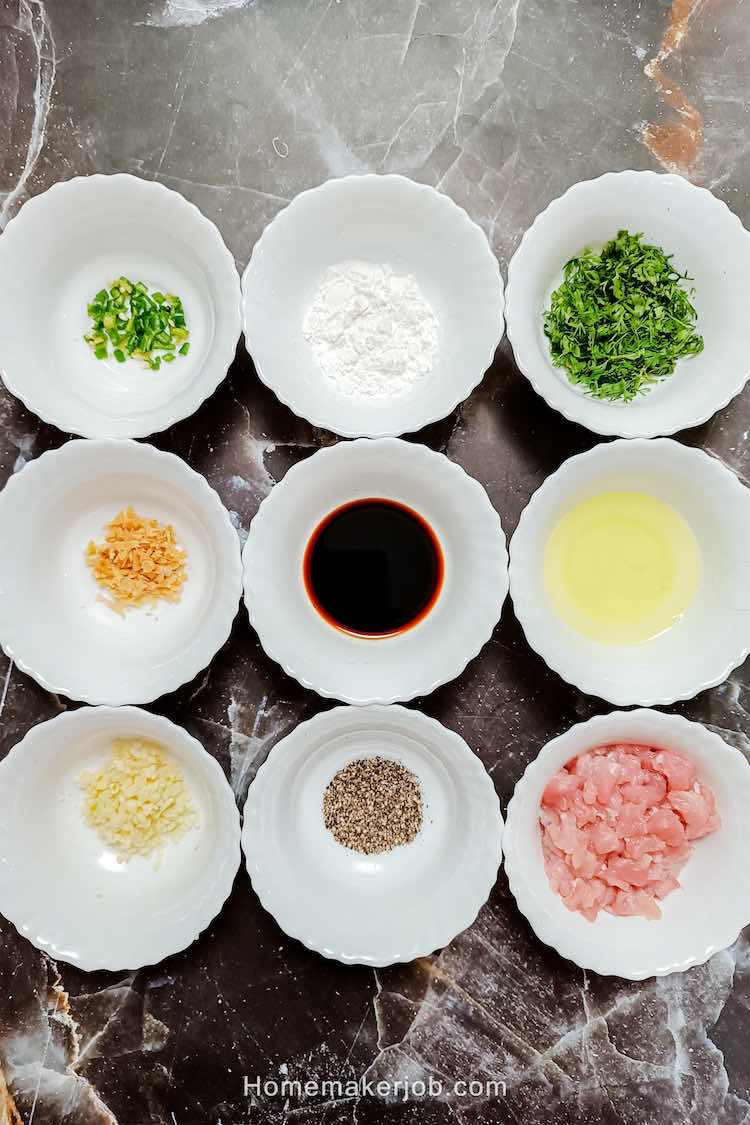 Chicken long fong soup ingredients arranged in matrix of bowls, a recipe by homemakerjob.com