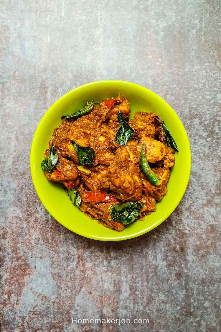 Top view photo of chicken peratal in a light-green bowl on a table, a recipe by homemakerjob.com