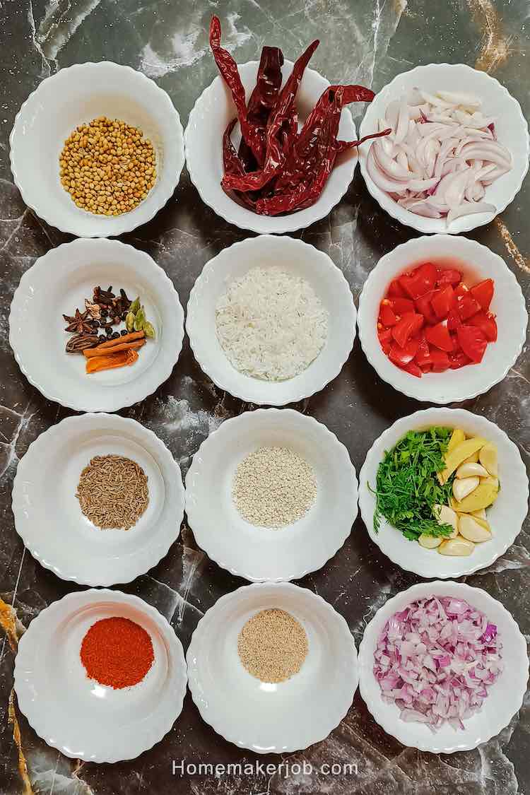 Top view of chicken kolhapuri gravy ingredients in matrix of white bowls on a table, a recipe by homemakejob.com